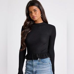 Lulus Avila Black Ribbed Knit Ruffled Sweater Top - Size L
